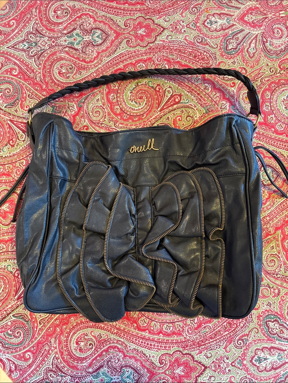 O’Neill Y2K Black Ruffle Hobo Bag Braided Strap Boho Slouch Purse